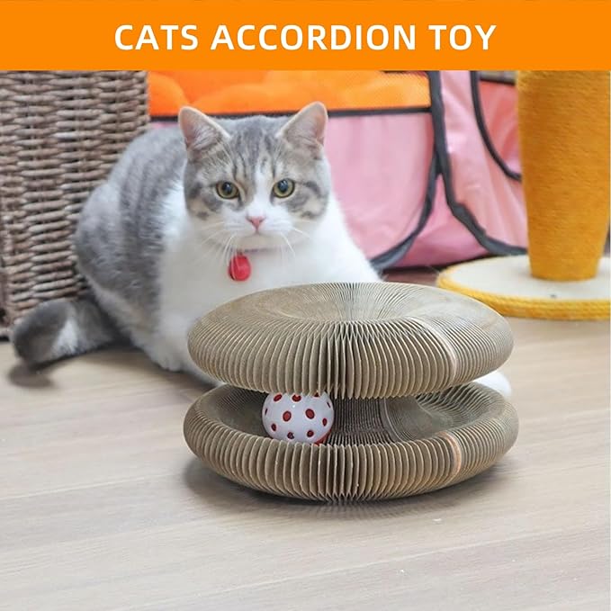 Magic Organ Cat Scratching Board with Bell-Ball, Durable Foldable & Reversible Infinity Style Interactive Kitty Kurlz Cat Scratcher for Indoor Cats Toy, Furniture Protector, Kitten Cats Accordion Toy