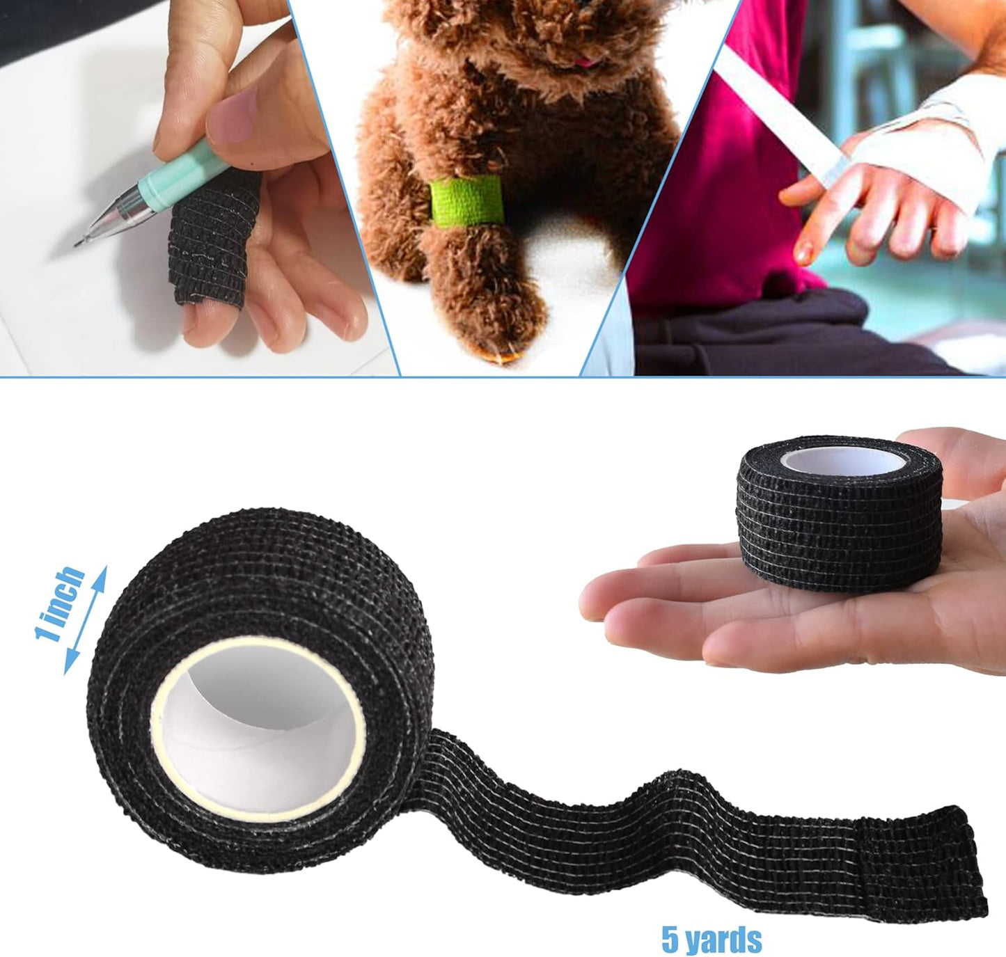 9 Pack 1" x 5 Yards Self Adhesive Bandage Wrap Self Stick Wrap for Ankle, Wrist, Finger, Sports, Breathable Cohesive Vet Tape for Pets (Black)