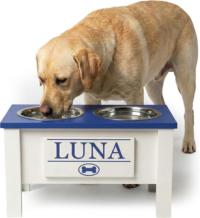 Elevated Dog Bowls for Large Dogs, Personalized Food Stand for Large Breed | Farmhouse Style, Elevated Wood Stand, Storage Container, Stainless Steel Bowls, Raised Anti-Slip Feeder, Made in USA