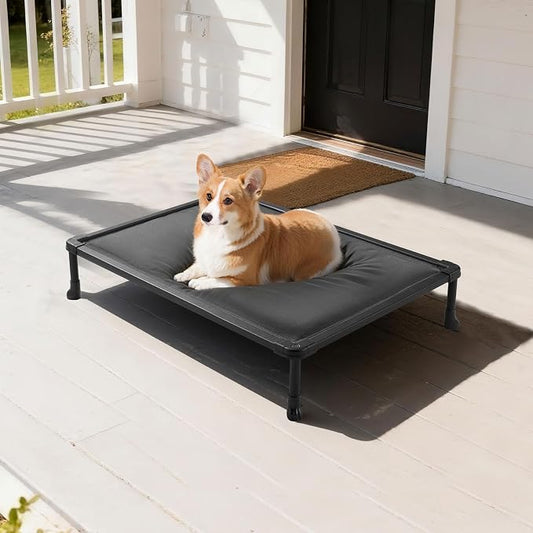 Veehoo Chew Proof Elevated Dog Bed, Padded Indestructible Raised Dog Cot | Orthopedic Dog Platform Bed with Soft Padded Mat, Durable Waterproof Pet Cot for Indoor, Outdoor or Crate, 35-Inch, Grey