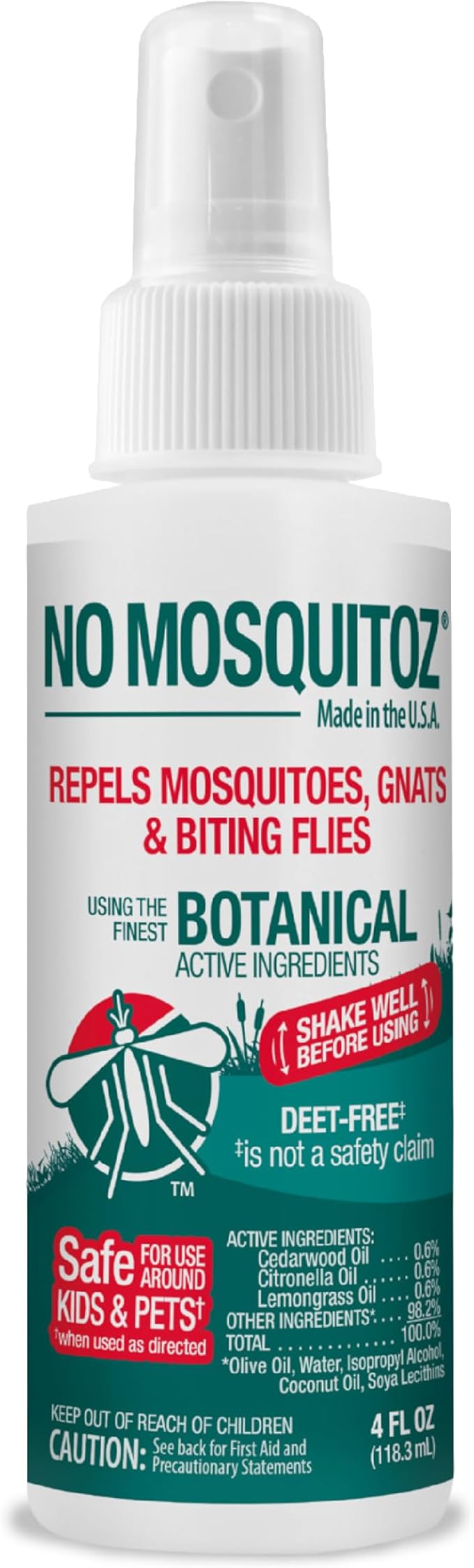 No Mosquitoz Botanical Insect Repellent, DEET-Free, Made with Natural Essential Oils, Non-Greasy Formula, Made in The USA, Woodsy Scent, 4 Ounce Spray Bottle