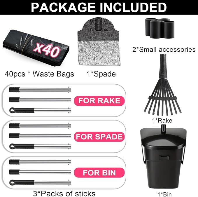 3pcs Heavy Duty Dog Pooper Scooper with 40 Bags, Long Handle Swivel Bin & Rake Spade for Large Medium Dogs, Pet Waste Removal for Yard Grass Gravel, Easy to Clean