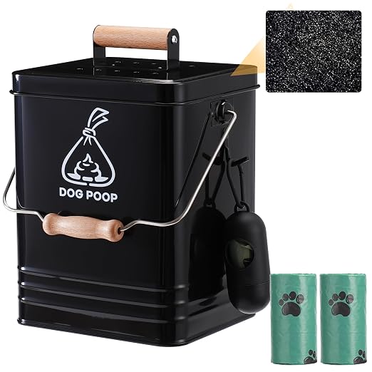 Dog Poop Trash Can Outside, Metal Pet Waste Trash Can with Lid & Handle, 5L/1.3Gal Dog Waste Station with Bag Holder & 30 Bags(Black)