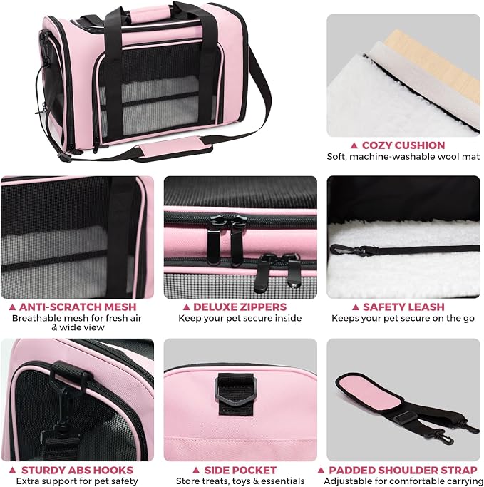 Soft-Sided Cat Carrier Expandable Pet Carrier Airline Approved Mesh Travel Carrier Up to 15lbs for Cats Small Dogs Collapsible Escape-Proof with Shoulder Strap Washable (18x11x11 Pink)