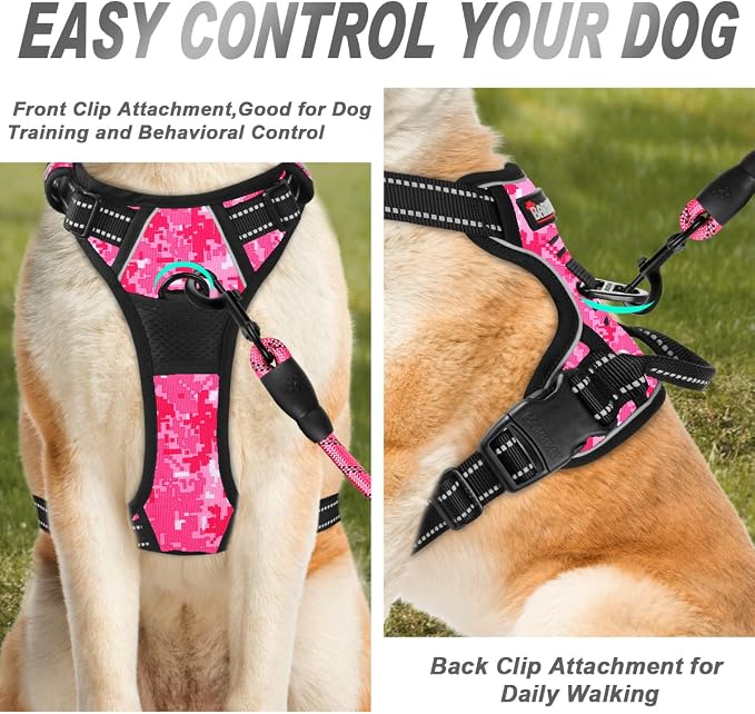 BARKBAY Dog Harness No Pull for Medium Sized Dog Front Back Clips,Dog Vest | Soft Padded No Choke With Handle,Easy On&Off,Adjustable Reflective For Walking Training Running(Pink Camo,M)