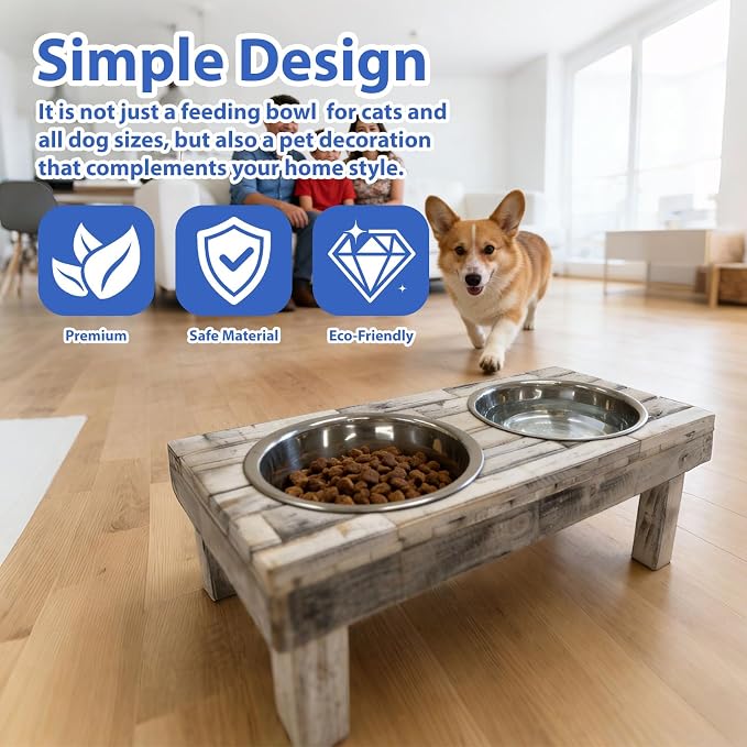 Pet Berjen Table Elevated Double Bowl Feeder, White Wash (Large)