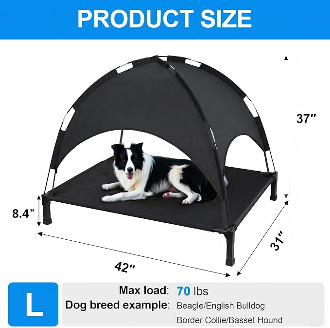 Elevated Dog Bed with Canopy Raised Pet Cot for Large Dogs, Outdoor Dog Cot with Removable Sun Shade Tent, Breathable Mesh Portable Dogs Cot for Camping, Beach, Backyard, Outdoor Use