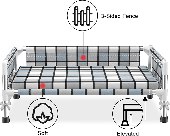 Elevated Dog Bed with with Guardrail & Cushion, Raised 3-Fence Dog Bed | Breathable Lifted Stainless Steel Frame Dog Hammock Bed with Mat for All Pets, Cooling Washable Dog Cot