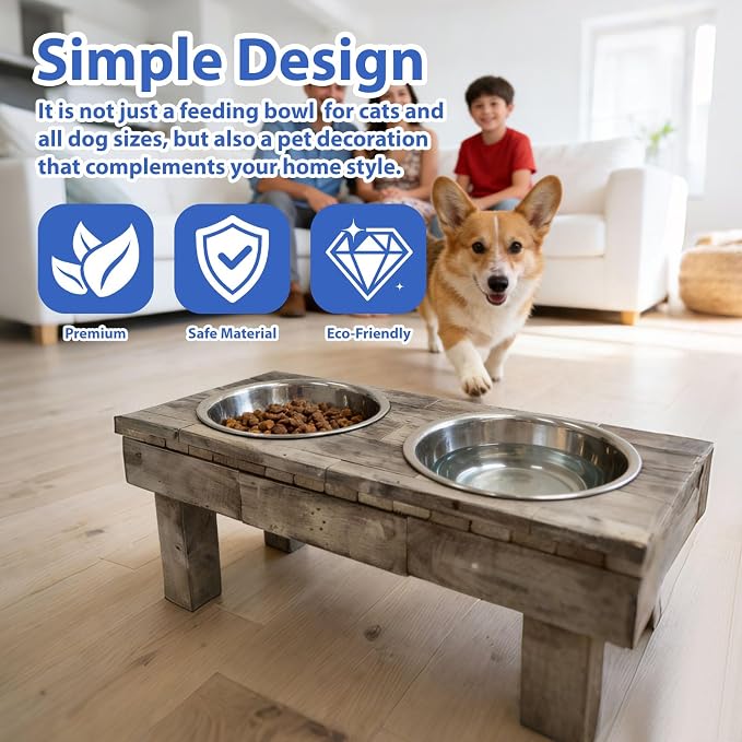 Pet Berjen Table Elevated Double Bowl Pet Feeder, Brown Wash (Large) (02189)
