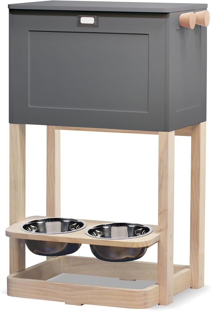 Raised Pet Feeder Station with Soft-Close Lid, 7" Angled Bowls – Waterproof Wooden Dog Storage Organizer for Large & Small Dogs – Modern Design (Gray)