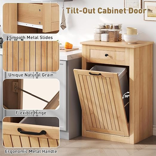 10 Gallon Tilt Out Trash Can Cabinet with Drawer, Hidden Trash Can, Wood | Cabinet with Drawers for Kitchen, Bathroom and Laundry Room