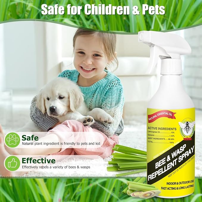 16Oz Wasp & Bee Repellent Outdoor Spray with Natural Essential Oils, Hornet & Yellow Jacket Killer Spray for Indoor & Outdoor Use on Patios, Gardens, and Yards