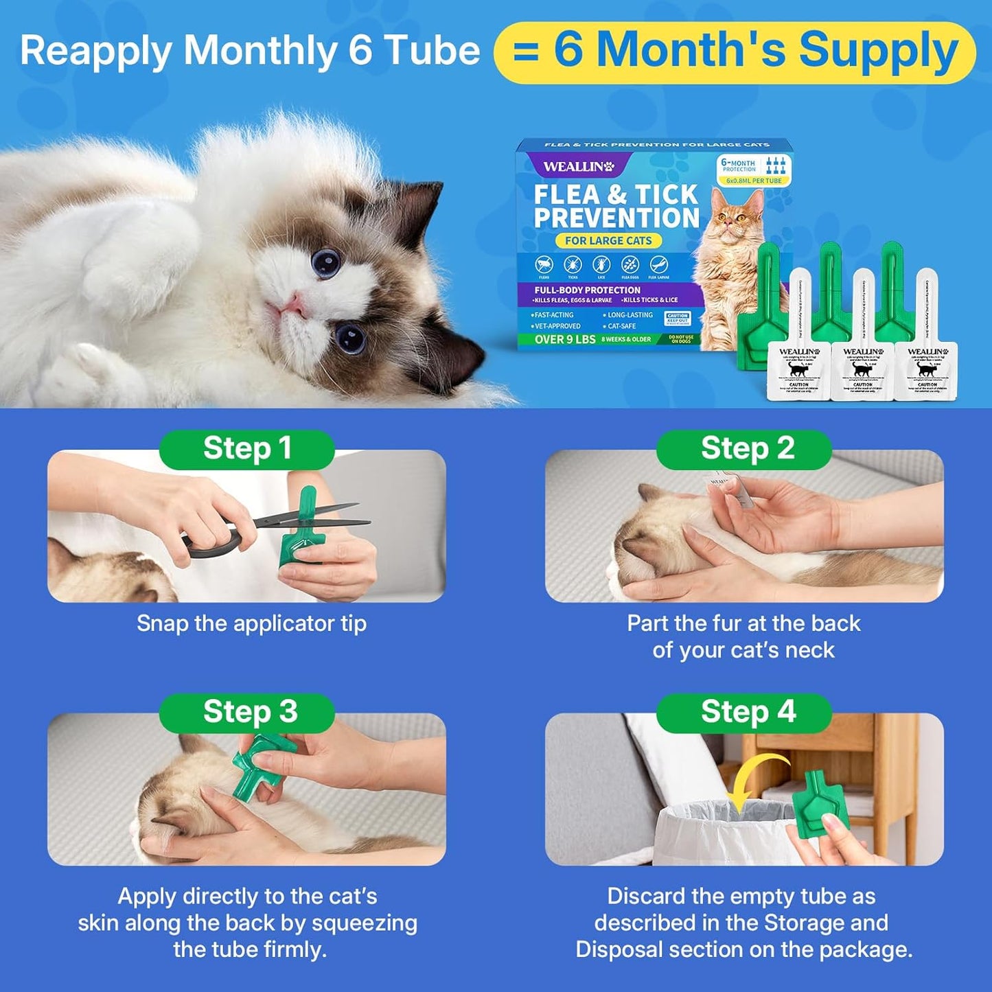 Flea and Tick Prevention for Large Cat, Fleas and Ticks Treatment for Cats Over 9 lbs, Topical Cat Flea Treatment, Fast-Acting & Long-Lasting Fleas Control for Cats, 6-Dose Supply
