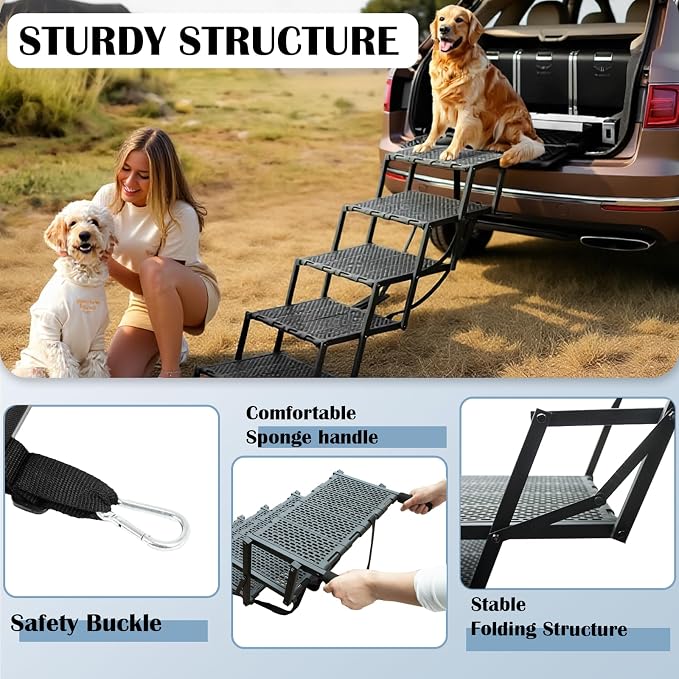Dog Ramp for Car, SUV & Truck, Portable Pet Stairs with Non-Slip and Easy-Clean Surface, Extra Large Dog Step with Adjustable Size, Supports up to 250 lbs.