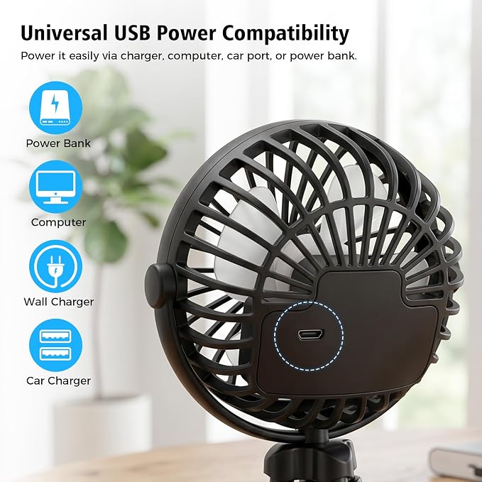 GTPLAYER Pet Stroller Fan, Portable Rechargeable Clip-On Fan with LED Light, Quiet 3-Speed Cooling Fan for Dogs & Cats, Black