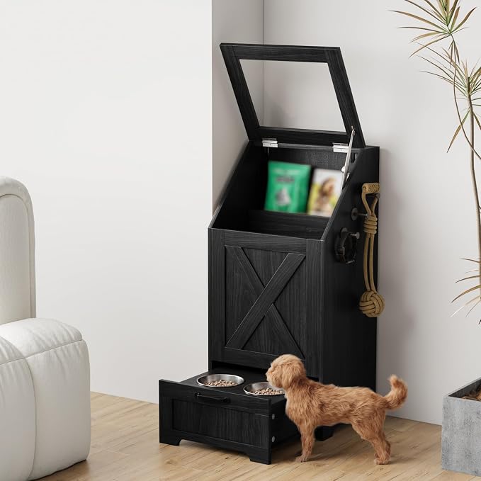 Black Dog Feeding Station with Storage & Bowls | Pet food cabinet, 2 elevated bowls, 3 hooks, glass flip cover, anti-tipping device, for dogs.
