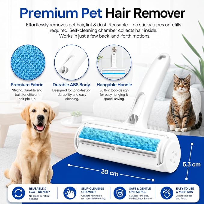Pet Hair Remover for Dogs & Cats - Reusable Lint Roller & Hair Remover Tool for Couch, Carpet, Furniture, Bedding & Car Seats - Portable & Easy Clean Pet Fur Remover Roller for Home & Travel (Blue)