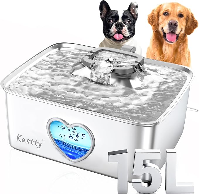 Kastty Large Dog Water Fountain, 15L/3.96Gal Stainless Steel AUTO Pet Water Bowl Dispenser Inside, 5-Stage Filtration, Dual-Color LED, Visual Window, Quiet, for Large Dogs & Multi-Pet, FS80