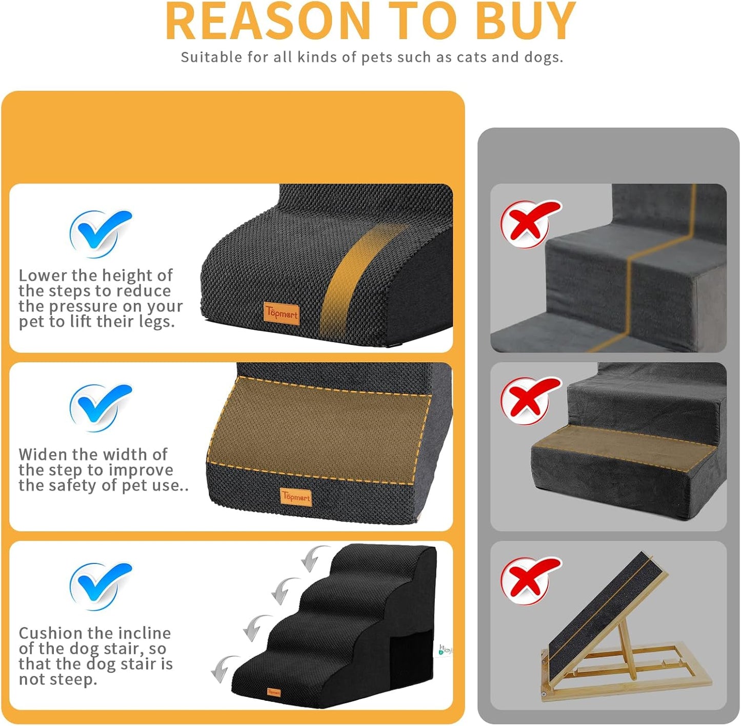 Topmart High Density Foam Dog Steps 4 Tiers,Extra Wide Deep Pet Steps,Non-Slip Dog Stairs Ramp for Bed,Soft Foam Cat Ladder,Best for Older Injured,Older Pets,Cats with Joint Pain