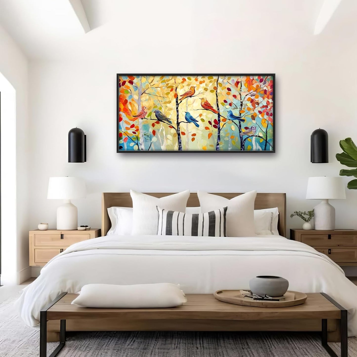 Extra Large Framed Abstract Bird Forest Wall Art,Colorful Birds Birch Tree Wall Decor Pictures for Living Room,Canvas Print Painting Modern Artwork Bedroom Office Bathroom Home Decor 60L x 30W