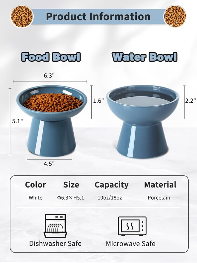 LoeJan Elevated Cat Food and Water Bowls Set, Extra Wide and Raised Ceramic Feeder, Anti-Vomit Whisker-Free Pressure Feeding Bowl for Kittens Adult Small Dogs, Deep Blue