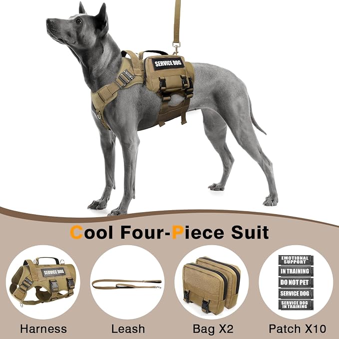 Tactical Dog Harness with Dog Leash, Service Working MOLLE Vest with 10 Pet Patches for Large Dog, No Pull Military Harness and Backpack for Training Hunting Walking