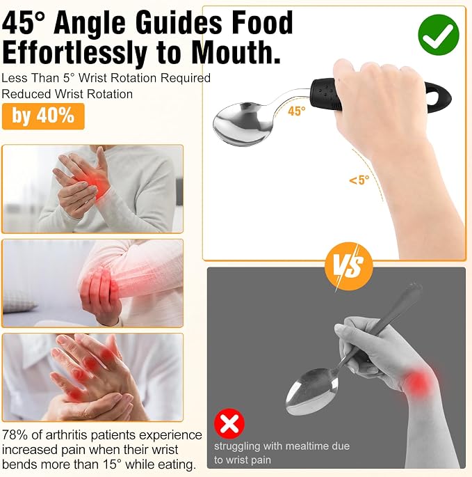 2.9oz Weighted Silverware for Hand Tremors, 45°Angled Adaptive Utensils for Elderly，4 Pack Parkinsons Utensils Aids for Weak Hand Grip, Arthritis (Right-Handed)