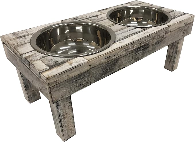 Pet Berjen Table Elevated Double Bowl Feeder, White Wash (Large)