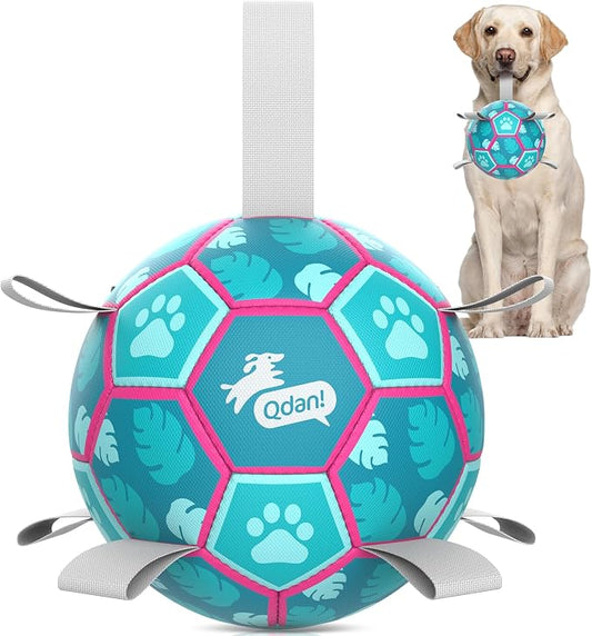 QDAN Dog Toys Soccer Ball with Straps, Beach Pool Dog Water Toy, Herding Balls for Dog, Blue (6 Inch)