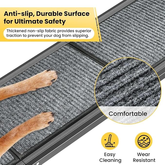 Dog Ramp for Car & SUV with Non-Slip Rug Surface – Lightweight & Foldable Pet Ramp for Dogs, Includes 4 Towels & 2 LED Lights, Safe for Cars, Trucks, Beds, Couches & Stairs