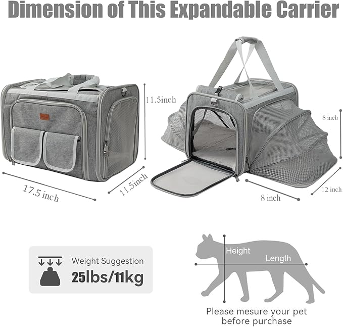 Cats Carrier for Small Dogs Puppy Cat Bag Expandable,Airline Approved,2 Sides Expand,Rabbit Bunny Pets Carriers Small Animals Travel Outdoor Carry Kennel (Grey)