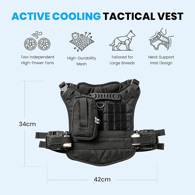 Dog Cooling Vest, Tactical Harness with Dual Independent Side Fans | 3D Breathable Mesh, Multi-Speed Wind Adjustment, Long-Lasting Cooling, Ideal for Medium and Large Dogs Outdoors