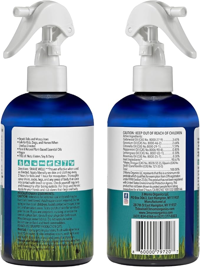 3 Moms Organics, TickWise 8oz Extra Strength Double Whammy 2-Pack - DEET- Free, Tick and Insect Repellent, Plant Based Essential Oils, All Natural Ingredients, Safe for Kids, Adults, Dogs & Horses