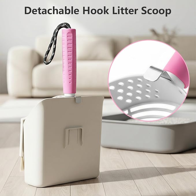 Cat Litter Scoop with Holder, 3 in 1 Metal Kitty Scooper | Heavy Duty Deep Litter Sifter with Dustpan & Mini Broom, Dual Coarse & Fine Grid, Quick Sift, Universal for All Cat Litter