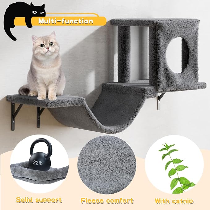 12-in-1 Cat Wall Shelves, Luxury Wall-Mounted Cat Climber Set with Condos House, Scratching Post, Bridge Ladder, Indoor Space-Saving Furniture for Kittens, Dark Gray