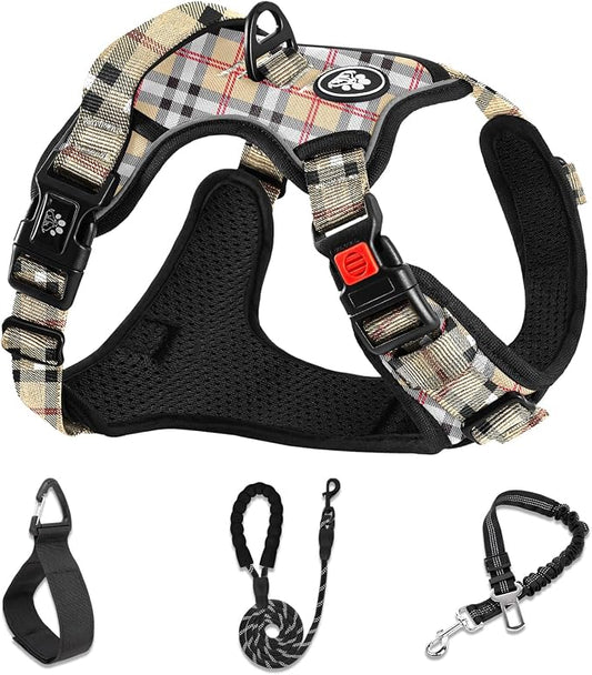 NESTROAD No Pull Dog Harness with Leash, Reflective No Choke Pet Vest Harness,Adjustable Soft Padded Dog Harness with Easy Control Handle for Small Dogs(Checkered Beige,Small)