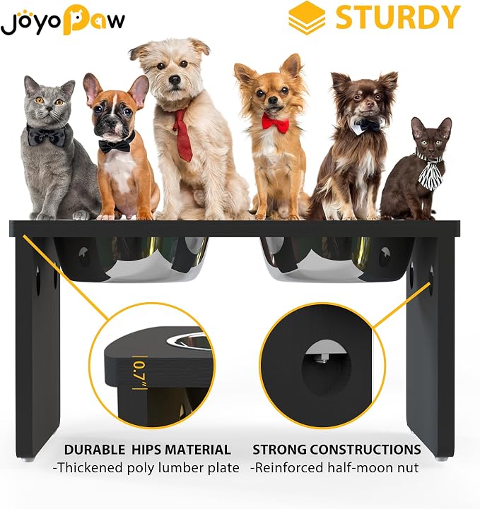 Elevated Dog Bowls, Waterproof Raised Dog Bowl for Medium & Large Dogs, HIPS Poly Lumber Stand with 2 Stainless Steel Bowls, Indoor & Outdoor Use (10'' Tall–48 oz Bowl, Black)