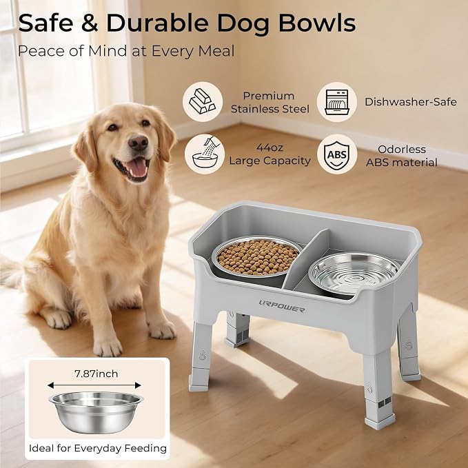 URPOWER Mess Proof Elevated Dog Bowls, Splash Guard Raised Bowl Stand | 4 Adjustable Heights, 2 Stainless Steel Bowls, Food & Water Separation, Foldable Design Non-Slip for Small Medium Large Dogs