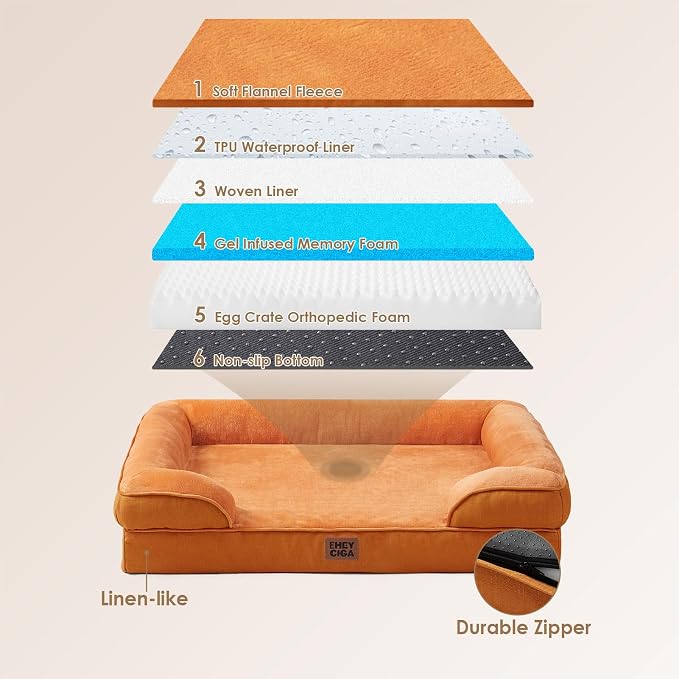 EHEYCIGA Orthopedic Extra Large Dog Bed, Waterproof Washable XL Pet Bed 44" | Non-Slip Bottom and Egg-Crate Memory Foam Big Dog Couch Bed with Washable Removable Cover, Pumpkin Orange, 44Inch