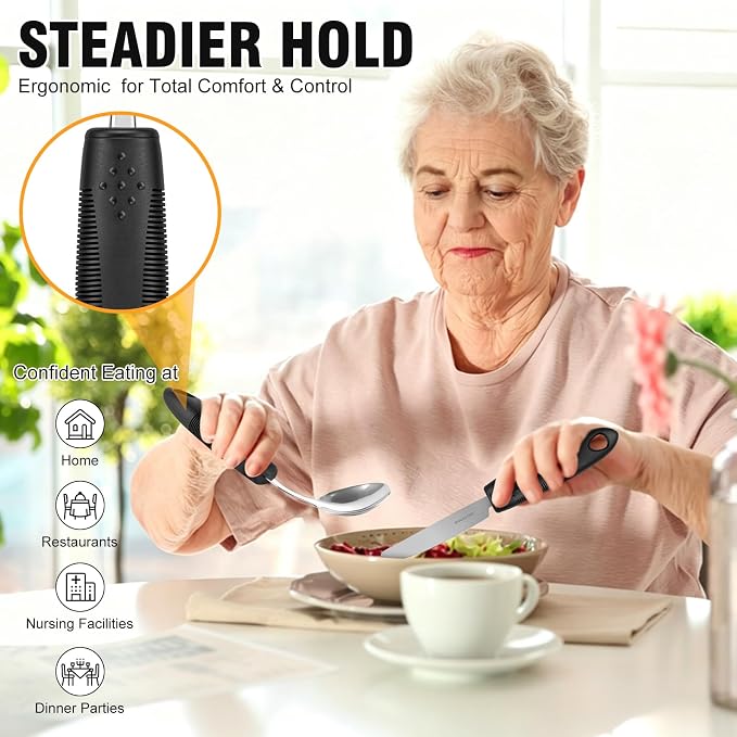2.9oz Weighted Silverware for Hand Tremors, 45°Angled Adaptive Utensils for Elderly，4 Pack Parkinsons Utensils Aids for Weak Hand Grip, Arthritis (Right-Handed)