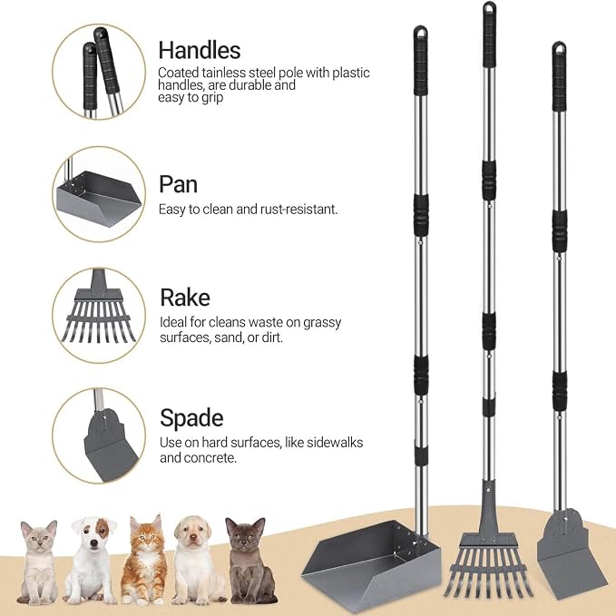 Dog Pooper Scooper Long Handle Adjustable, No Bending (Black) | Heavy Duty Stainless Steel Rake with Tray and Spade Set, Anti Stick, Easy Cleaning, for Grass, Dirt or Gravel