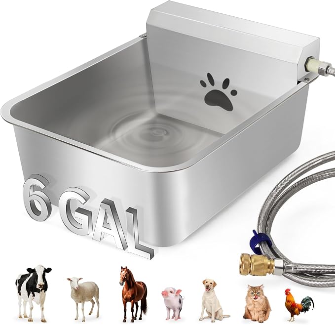 6 Gallons Automatic Animal Water Dispenser X-Large Stainless Steel | Outdoor Waterer Bowl, For Dogs & Chicken, Auto Fill Livestock Water Trough, With 2m Hose, 13.6"x17"x9"