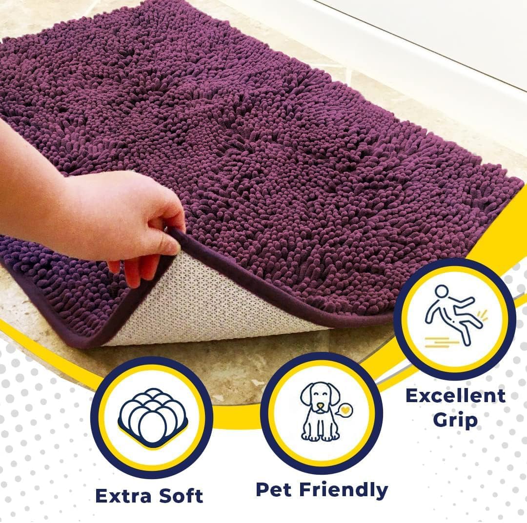 Muddy Mat® AS-SEEN-ON-TV Highly Absorbent Microfiber Door Mat and Pet Rug, Non Slip Thick Washable Area and Bath Mat Soft Chenille for Kitchen Bedroom Indoor and Outdoor - Dark Purple 48" x 60"