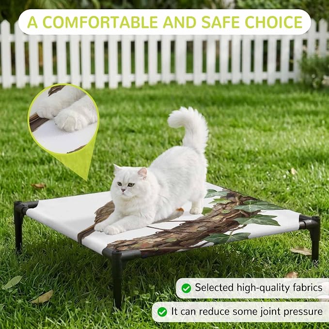 Outdoor Elevated Dog Bed for Small Dogs, Bird Breathable Cooling Raised Dog Cot for Indoor/Outdoor, Ivy Branch Animal Green Botanical Leaf Waterproof Elevated Pet Beds, S 20 x 20 in