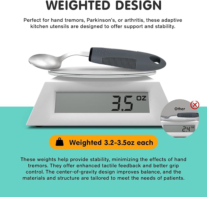 AuntyFey Weighted Adaptive Utensils, 4Pcs Weighted Utensils for Hand Tremors, 45°Angled Parkinsons Utensils for Elderly, 3.5oz Weighted Built Up Utensils for Adults, Disabled, Parkinson, Right-Handed