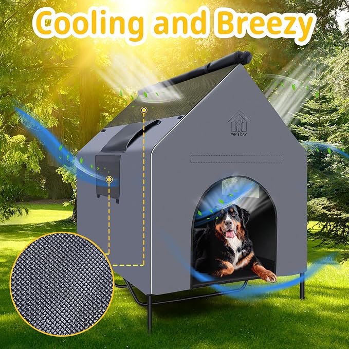 36'' Large Dog House Outdoor for Large Dogs Outside, Dog Tent, Pet House | Weatherproof Large Dogs House with Textilene Elevated Dog Bed, Breathable Dog House Outdoor with Windows and Sunshades