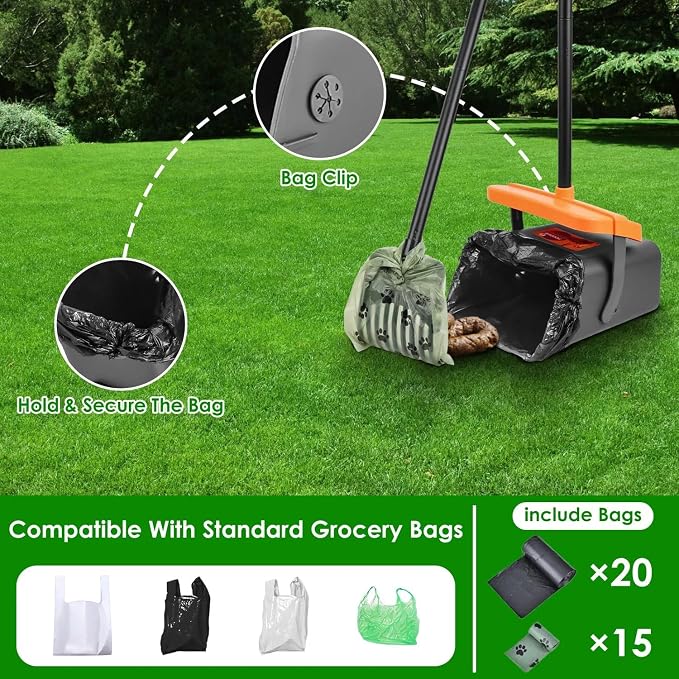 PUPIX Pooper Scooper Kit with Extra Long Handle Dog Poop Rake and Swiveling Bin Heavy Duty Pet Waste Pick Up Tool Includes 35 Waste Bags Dispenser No Bending Easy Yard Cleanup