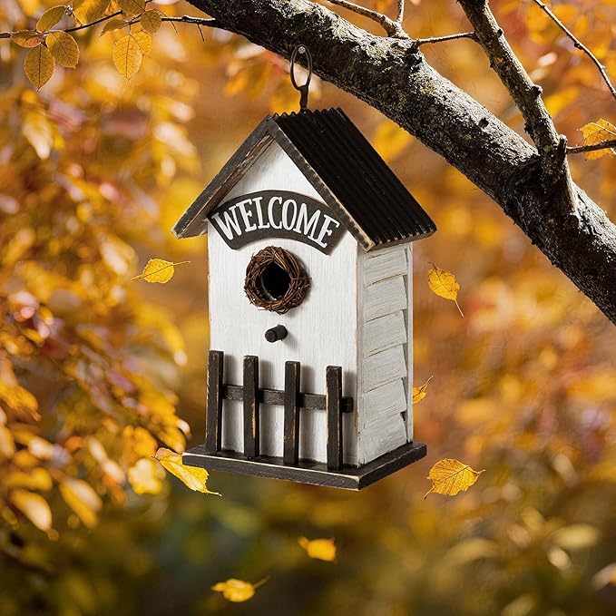 Glitzhome Bird Houses for Outside, Birdhouses for Outdoors, 11" H Washed White Solid Wood Bird Houses Fence Garden Hanging Birdhouses for Bluebird Swallow Sparrow Hummingbird Finch Cardinals