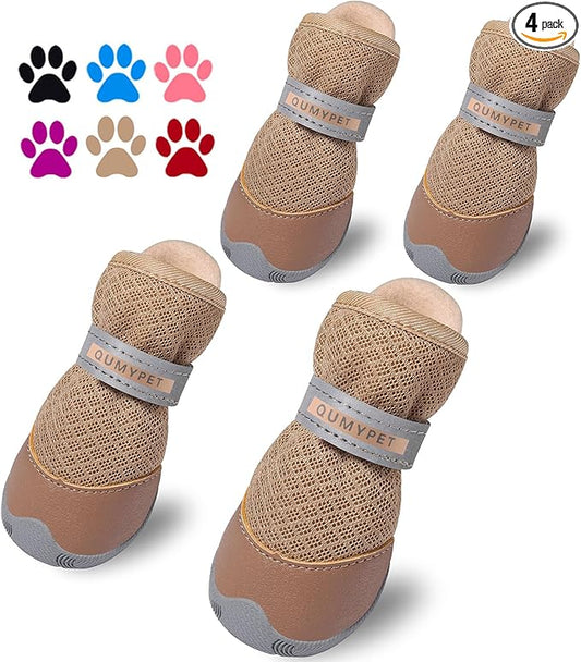 QUMY 4PCS Dog Shoes for Small Dogs, Hot Pavement Summer Puppy Dog Boots & Paw Protectors with Soft Anti-Slip Rubber Sole, Mesh Breathable Dog Booties for Hardfloors, Walking Running Khaki Size 3