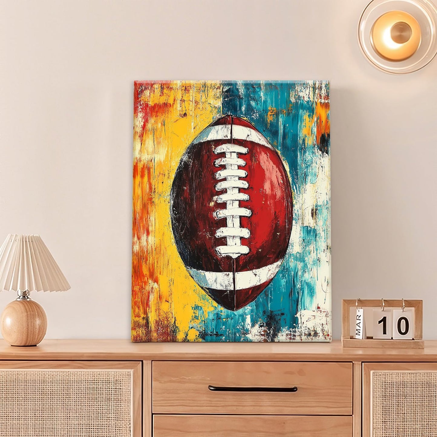 Graffiti Football Bathroom Pictures Wall Art, Rugby Sport Bathroom Wall Decor, Colorful Football Framed Painting Canvas Artwork for Bedroom Living Room Decorations 16"L x 12"W